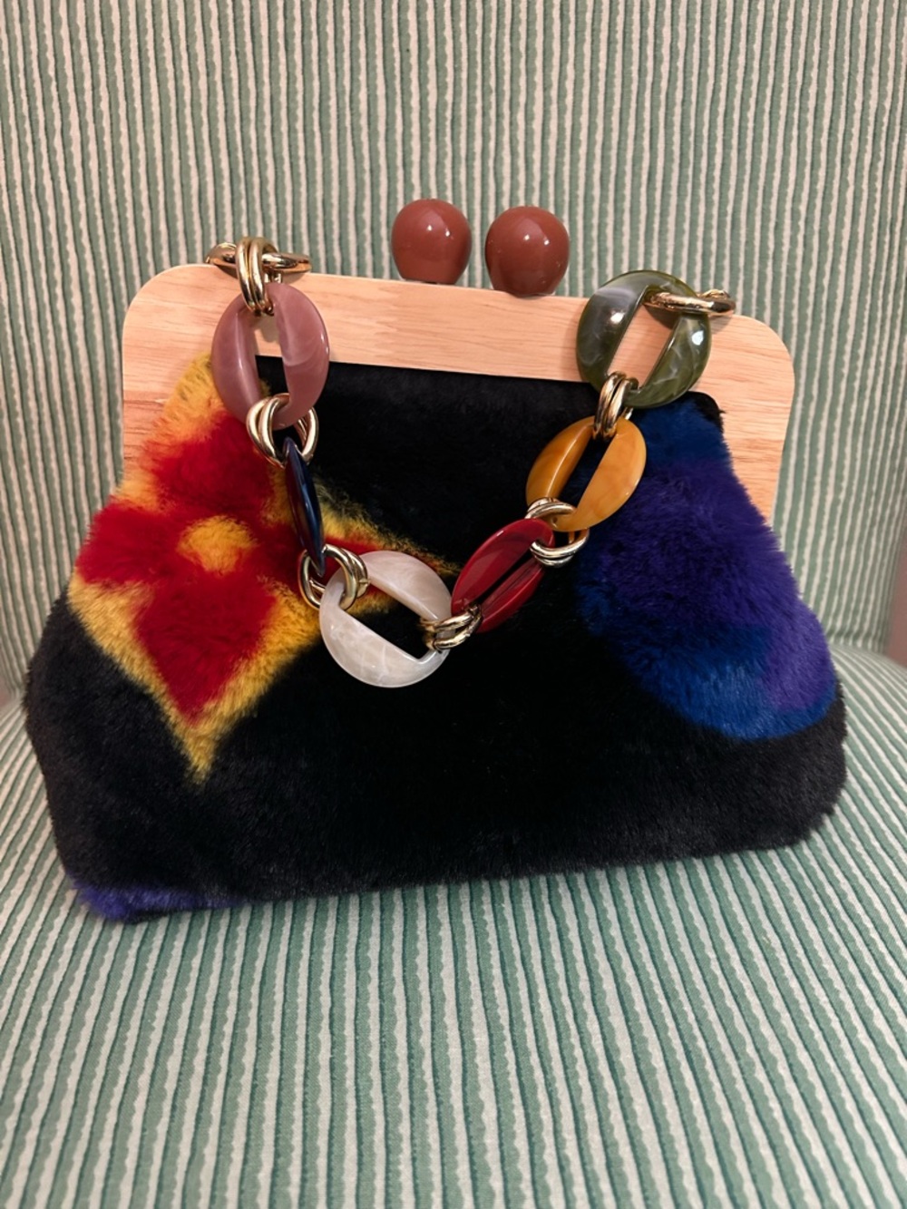Multicolor Fur Frame Clutch with Acrylic Chain Handle